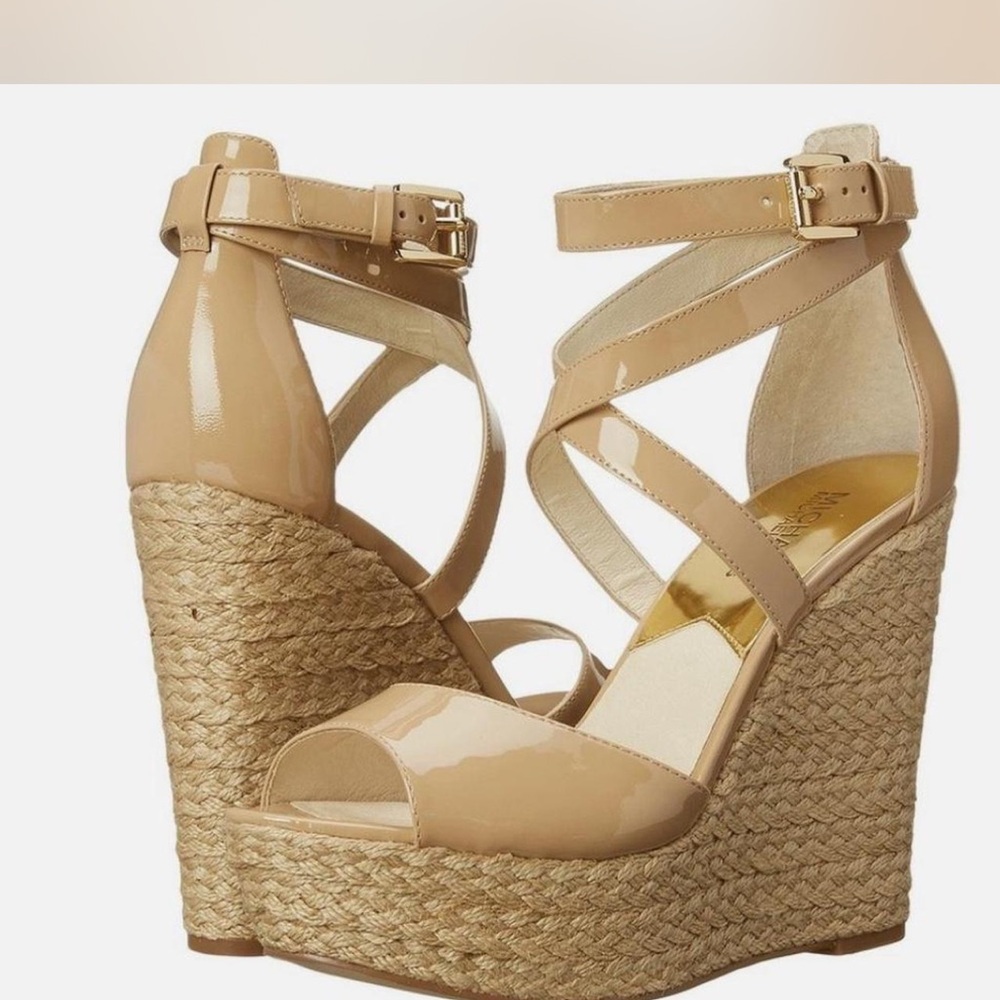 Michael Kors Nude Patent Leather Espadrille Wedge Sandals